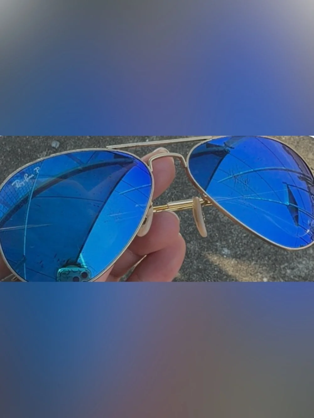 Ray-Ban Gold Frame Aviator Sunglasses with Blue Mirrored Lenses